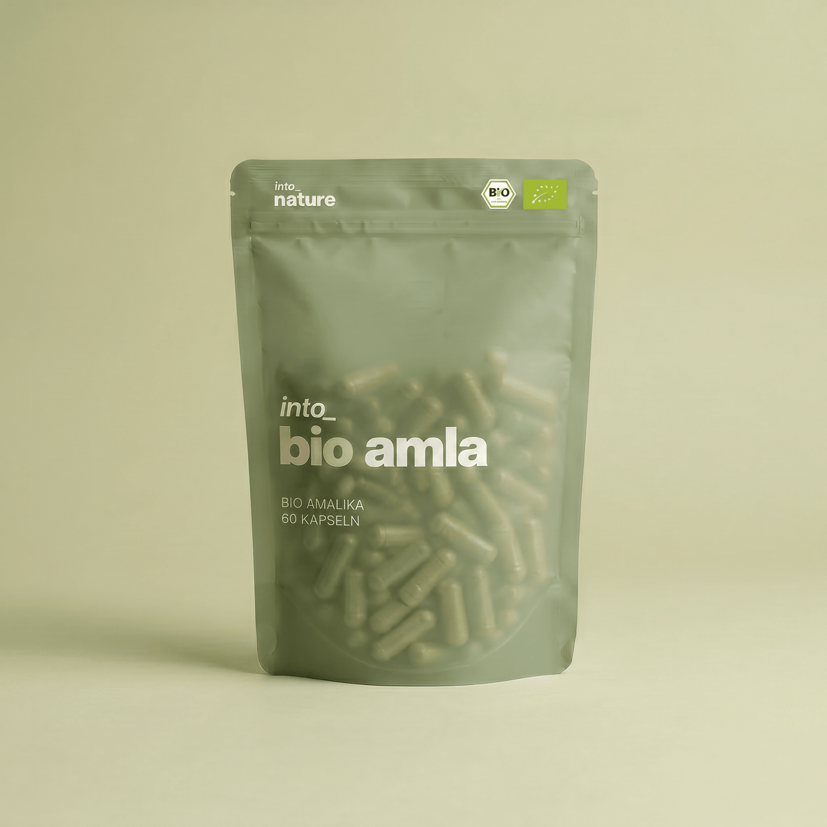 Verpackung der Into Nature Bio Amla Pulver Kapseln Vorderansicht