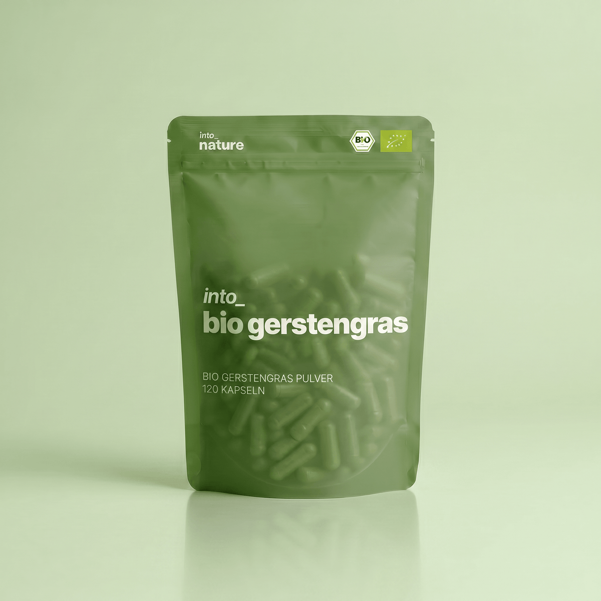 Verpackung der Into Nature Bio Gerstengraspulver Kapseln