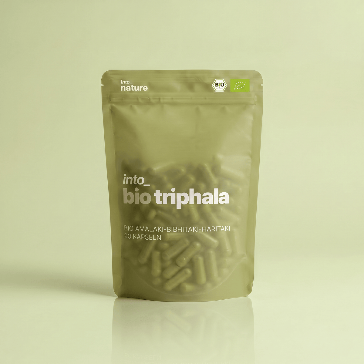Verpackung der Into Nature Bio Triphala Kapseln Vorderansicht