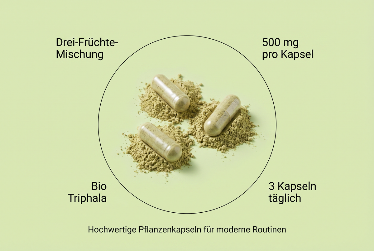 Infografik zu den Vorteilen und zur Dosierung der Bio Triphala Kapseln